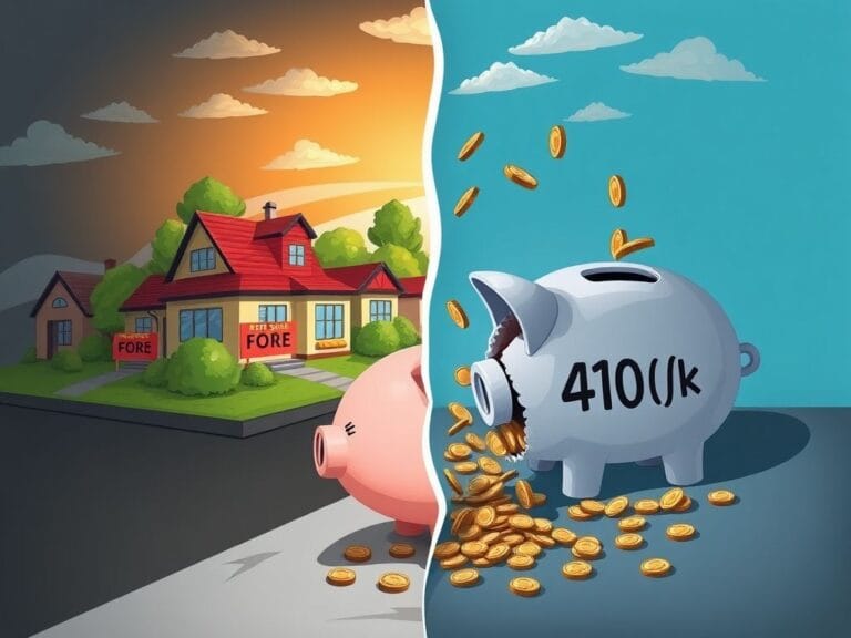Flick International Conceptual illustration contrasting a vibrant housing market with a crumbling 401(k) piggy bank.
