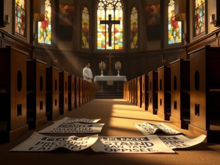 Flick International Interior of an empty Minnesota church with protest banners scattered on the floor