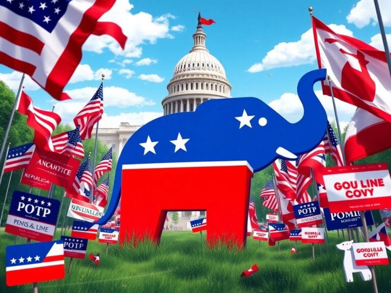 Flick International Large red, white, and blue elephant symbolizing the GOP amidst iconic American imagery