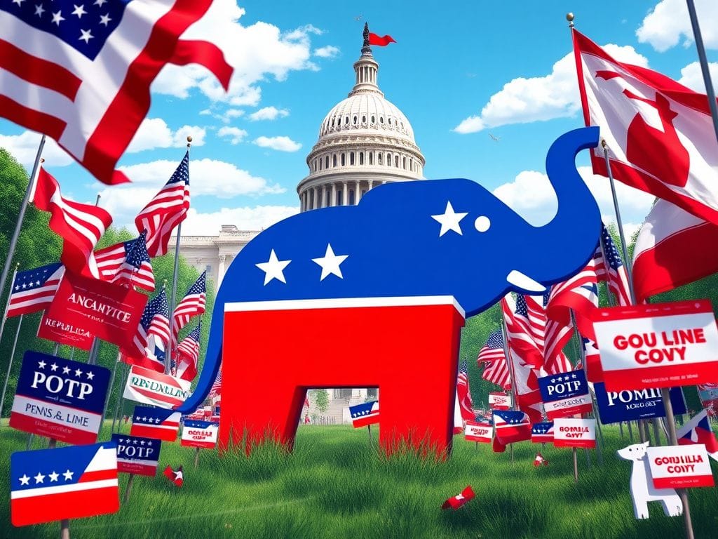 Flick International Large red, white, and blue elephant symbolizing the GOP amidst iconic American imagery