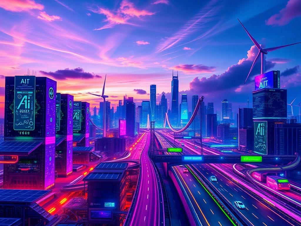 Flick International Futuristic cityscape at sunset with advanced AI infrastructure