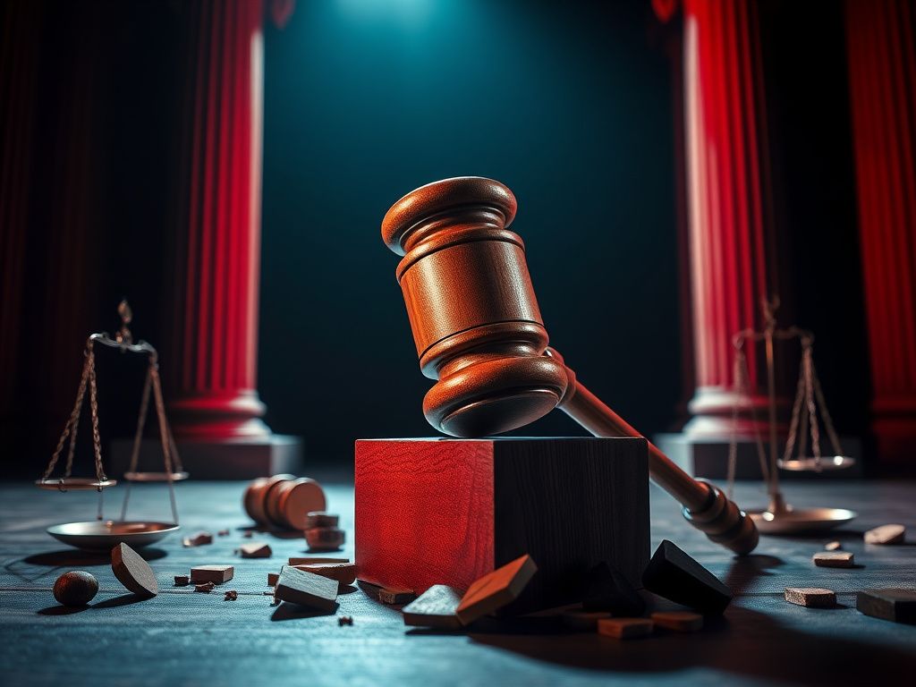 Flick International A large gavel striking down on a block in a dimly lit courtroom, representing judicial authority