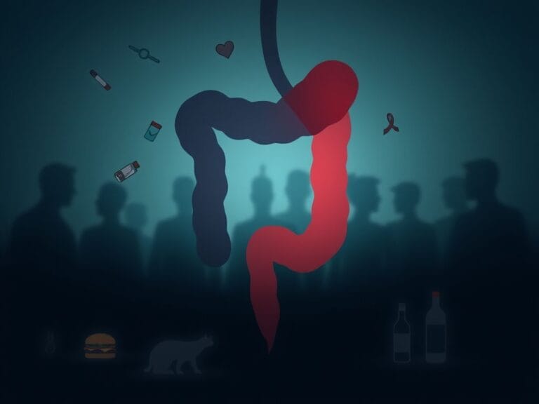 Flick International Abstract representation of colorectal cancer awareness featuring a stylized colon with sections in muted and bright colors.