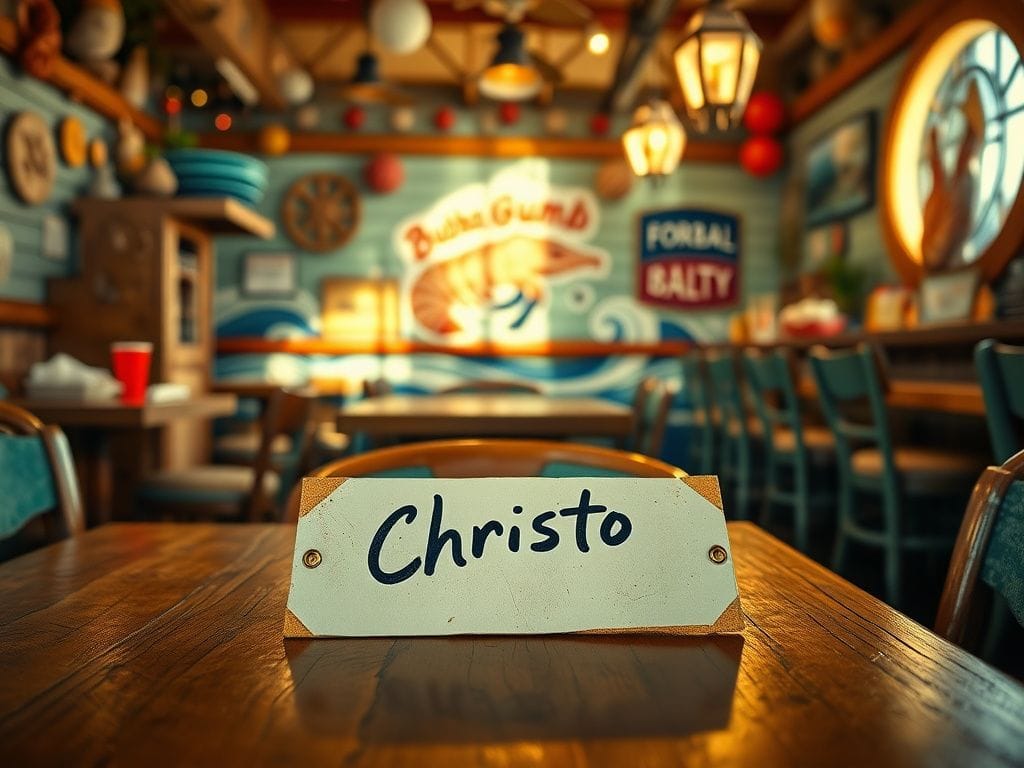 Flick International A worn name tag reading 'Christo' on a rustic wooden table in a seafood restaurant