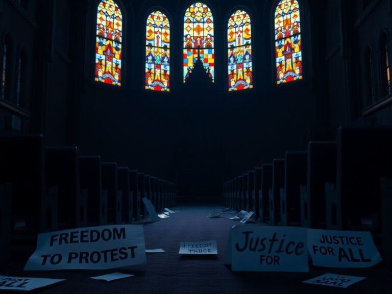 Flick International Empty church interior with colorful stained glass and protest signs symbolizing political tension