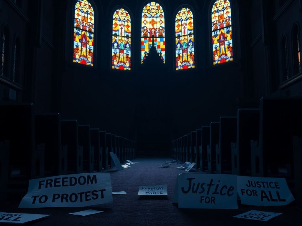 Flick International Empty church interior with colorful stained glass and protest signs symbolizing political tension
