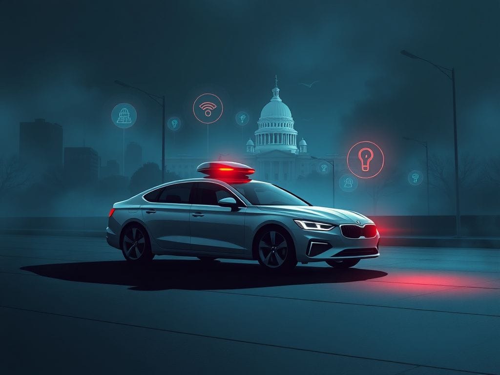 Flick International Illustration of a modern car being controlled remotely in a dystopian digital atmosphere