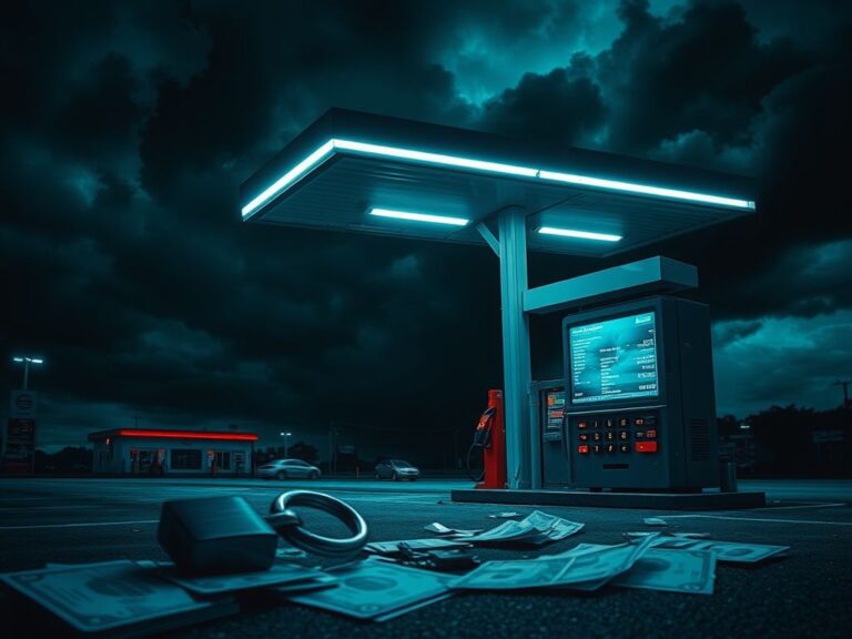 Flick International Gas station at night with broken padlock symbolizing security breach