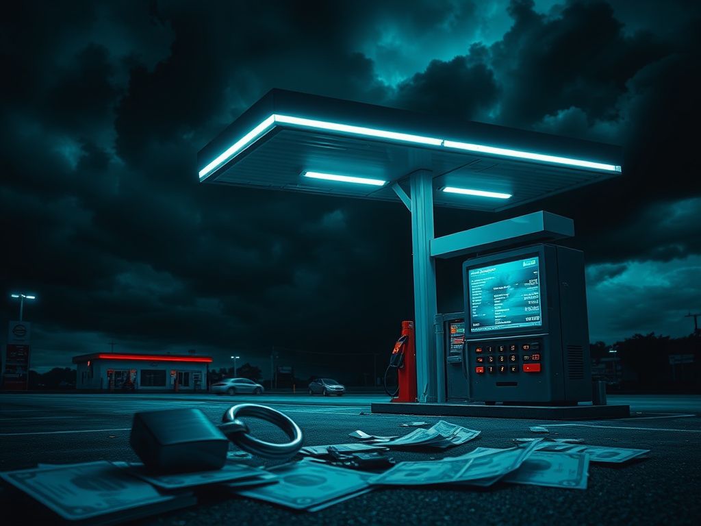 Flick International Gas station at night with broken padlock symbolizing security breach