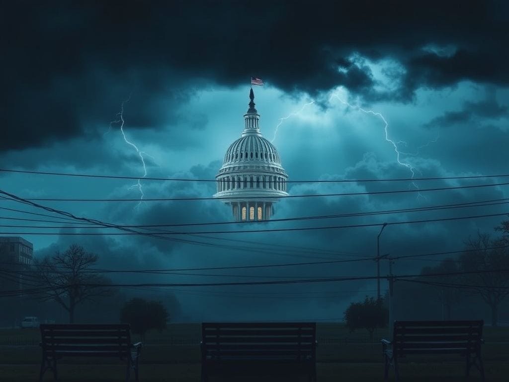 Flick International U.S. Capitol building under dark storm clouds symbolizing political turmoil
