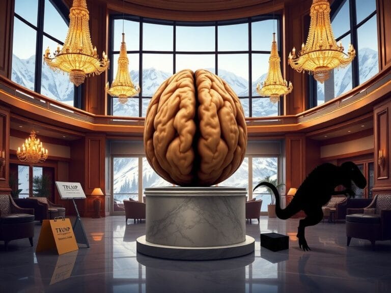 Flick International A lavish hotel lobby in Davos featuring a large walnut caricature symbolizing political satire