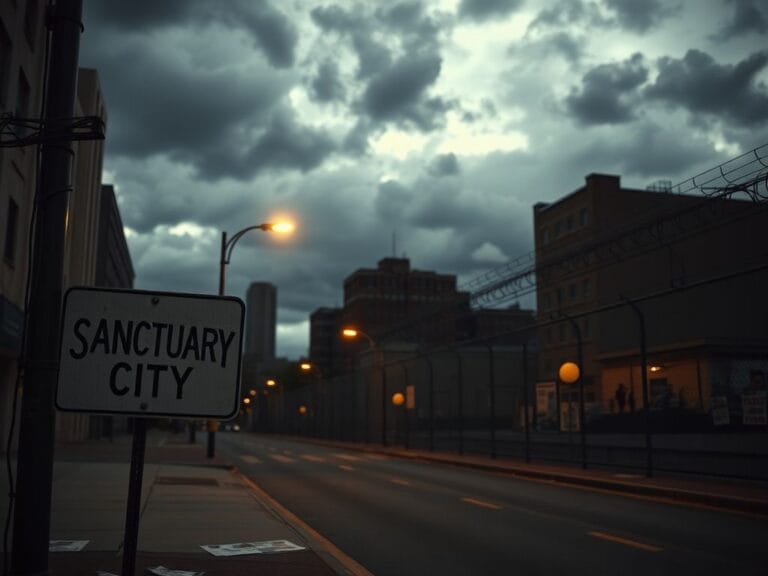 Flick International Empty city street at dusk with a 'Sanctuary City' sign and barbed-wire fence