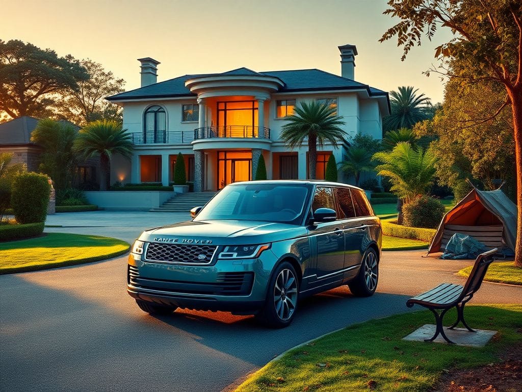 Flick International Luxurious mansion illuminated at dawn with a high-end Range Rover in the driveway