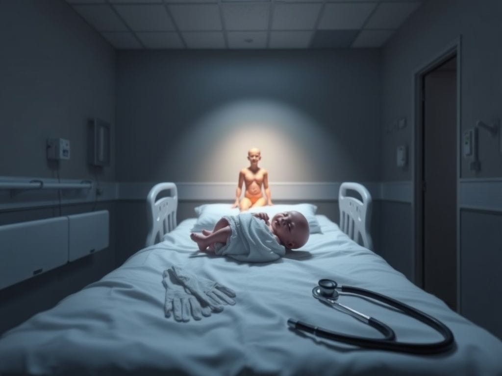 Flick International Empty maternity ward with a baby model, highlighting tension in healthcare