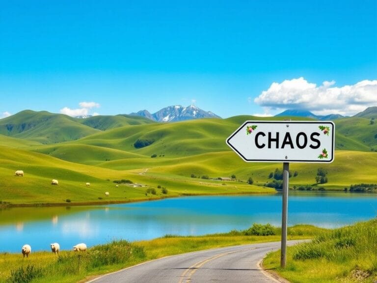 Flick International Serene landscape of New Zealand featuring lush green hills, scattered sheep, and a tranquil lake reflecting mountains.