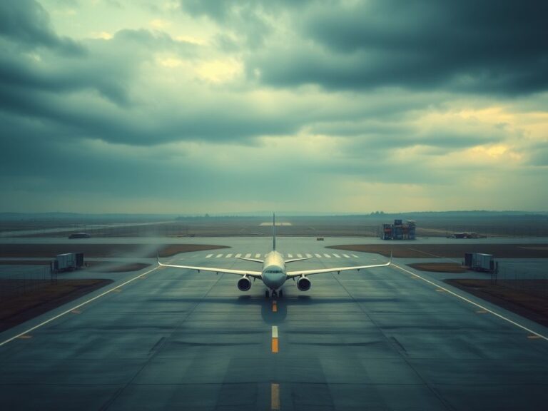 Flick International Aerial view of an empty airport runway with a silhouette of a large aircraft under an overcast sky