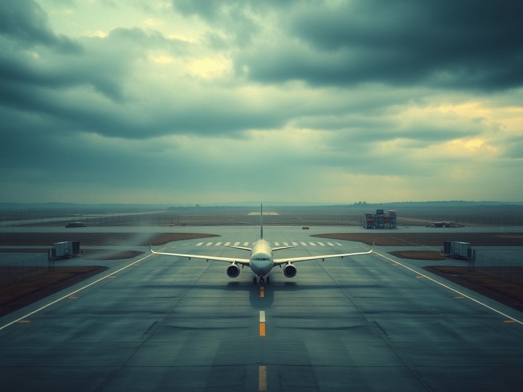Flick International Aerial view of an empty airport runway with a silhouette of a large aircraft under an overcast sky