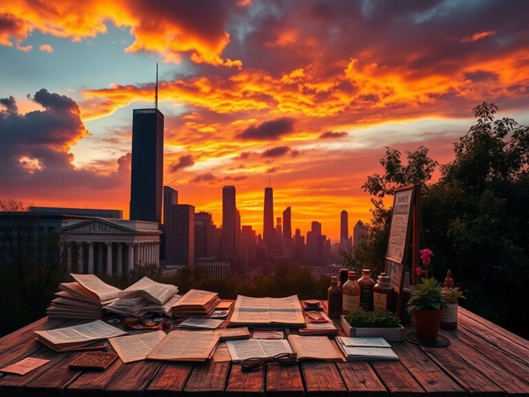 Flick International Chicago skyline at sunset with historical reparations documents on a wooden table