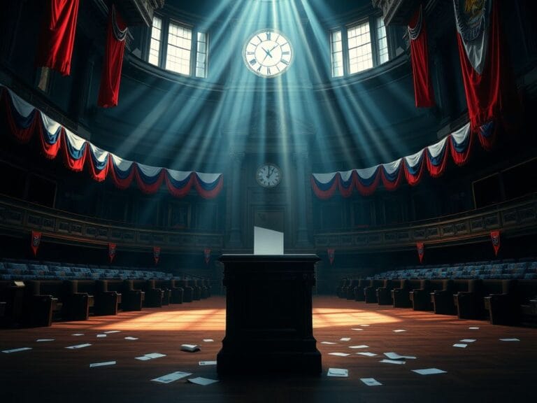 Flick International Empty voting floor in a dimly lit legislative chamber emphasizing late arrival of GOP lawmaker