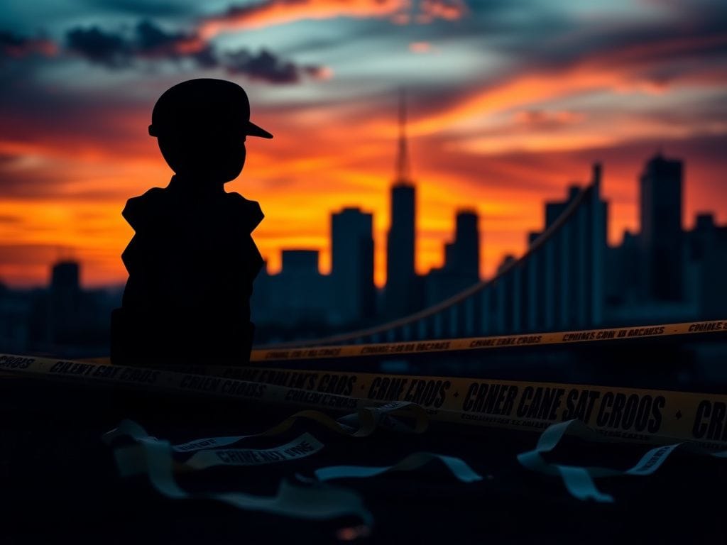 Flick International Silhouette of a police badge against a graph showing a historic drop in violent crime rates