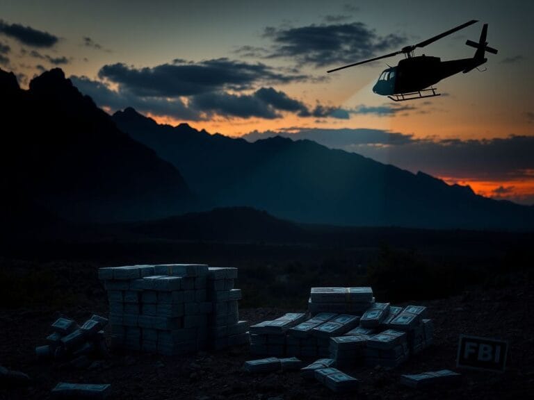 Flick International Scene depicting a nighttime landscape in Mexico with confiscated drugs and FBI evidence markers.
