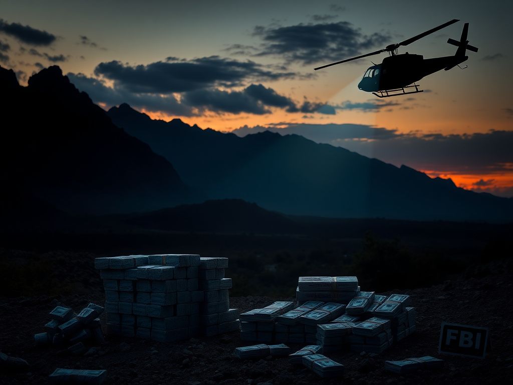 Flick International Scene depicting a nighttime landscape in Mexico with confiscated drugs and FBI evidence markers.