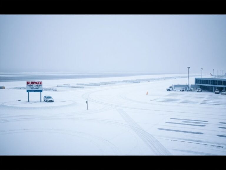 Flick International A snowy airport terminal during Winter Storm Fern with snowdrifts and dark skies