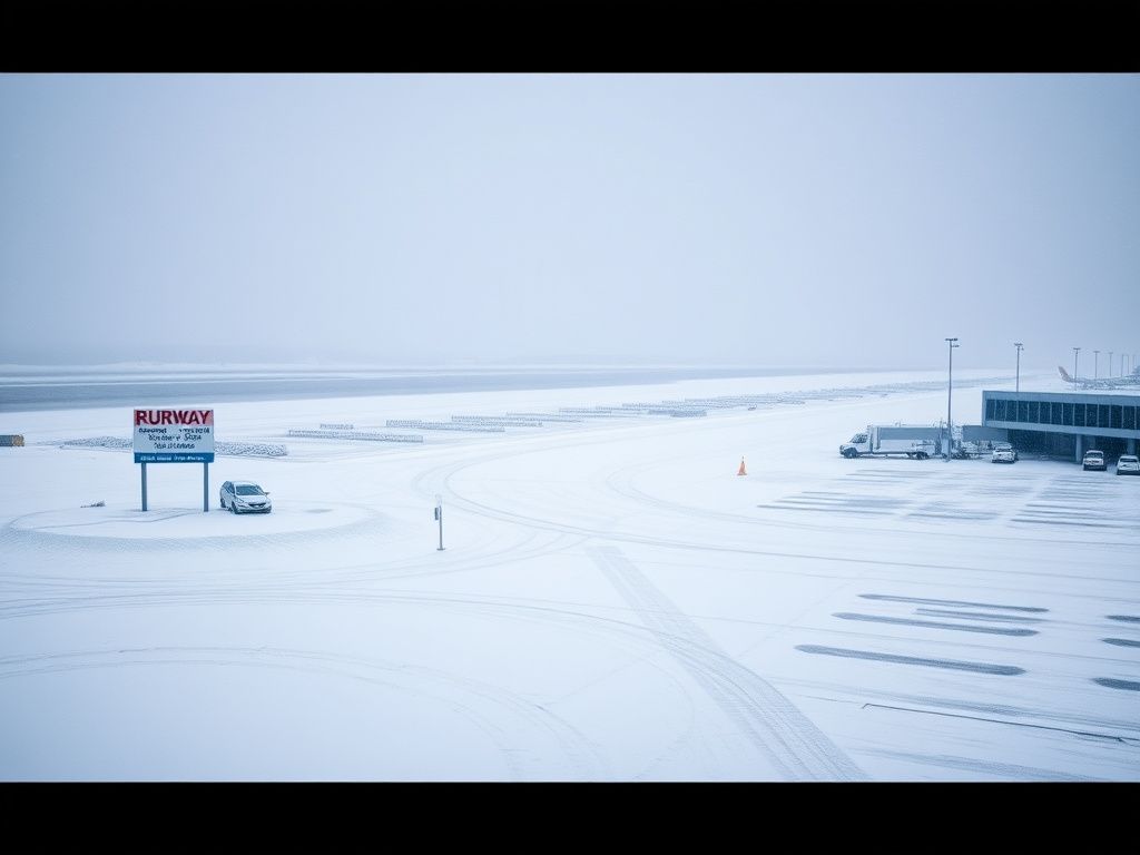 Flick International A snowy airport terminal during Winter Storm Fern with snowdrifts and dark skies