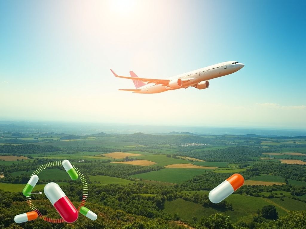 Flick International Airplane soaring through clear blue sky with rolling hills and fields below, symbolizing affordable air travel and health advancements.