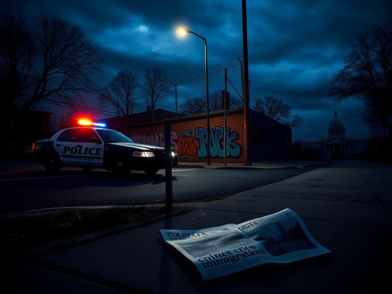 Flick International Somber urban landscape at dusk showcasing a deserted street in Minneapolis with a police car and graffiti