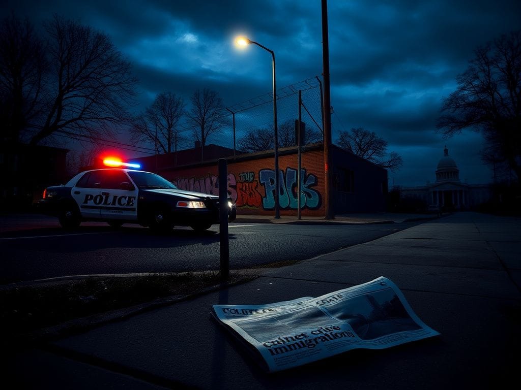Flick International Somber urban landscape at dusk showcasing a deserted street in Minneapolis with a police car and graffiti