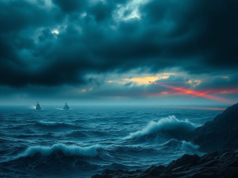 Flick International Dramatic scene of a turbulent sea under a stormy sky symbolizing military tension