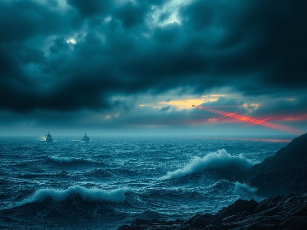 Flick International Dramatic scene of a turbulent sea under a stormy sky symbolizing military tension