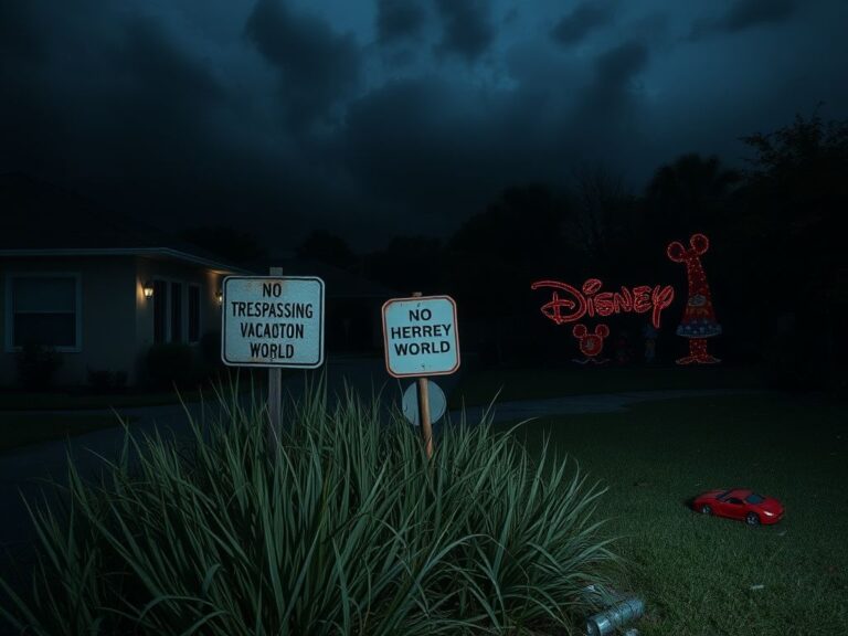 Flick International Dark suburban street near Disney World with ominous storm clouds