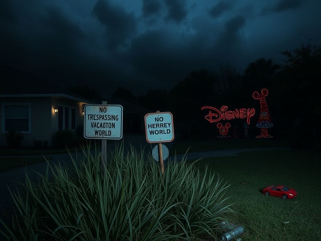 Flick International Dark suburban street near Disney World with ominous storm clouds