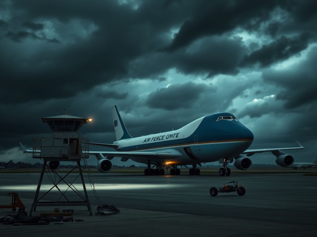 Flick International Air Force One, a Boeing 747, parked on a runway under a stormy sky
