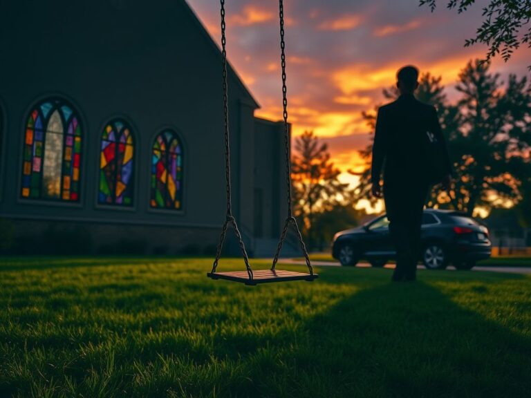 Flick International Serene church exterior at sunset with stained glass windows and an empty swing set