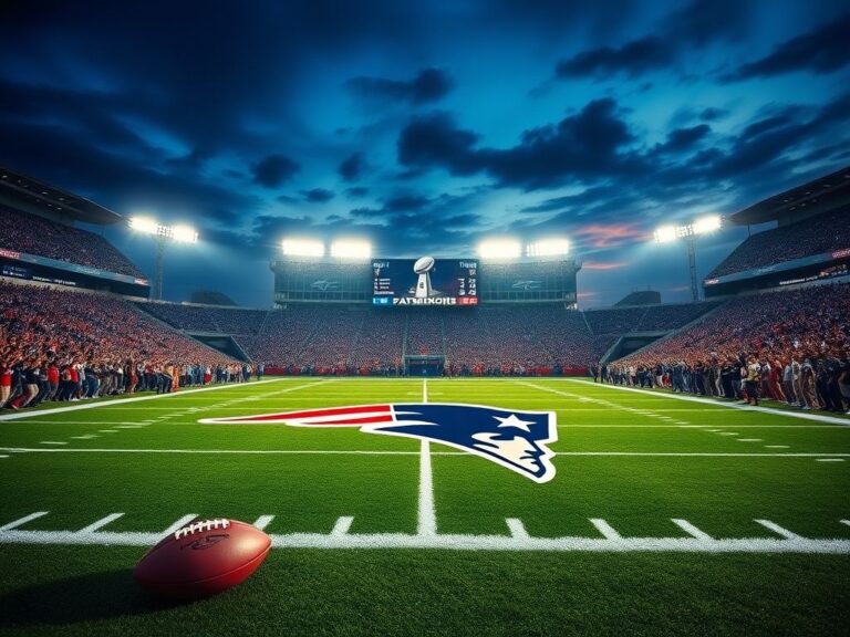 Flick International Dramatic stadium scene of the AFC Championship Game featuring the New England Patriots logo under stadium lights.