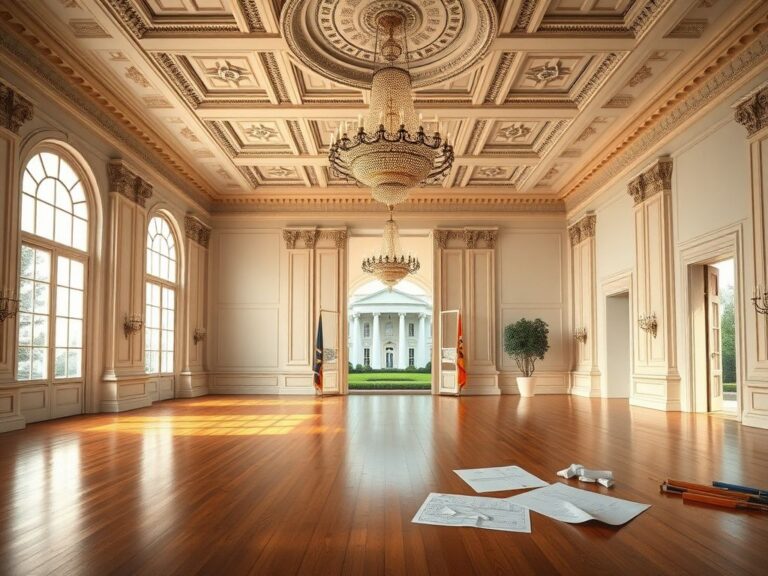 Flick International Grand empty ballroom with elegant architectural details reflecting the White House style