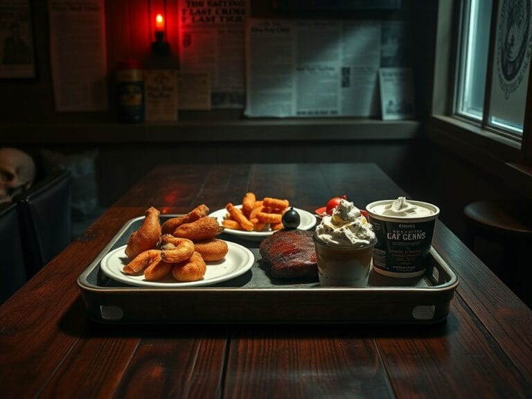 Flick International Dimly lit restaurant setting featuring a prison-style tray with last meals inspired by infamous serial killers.