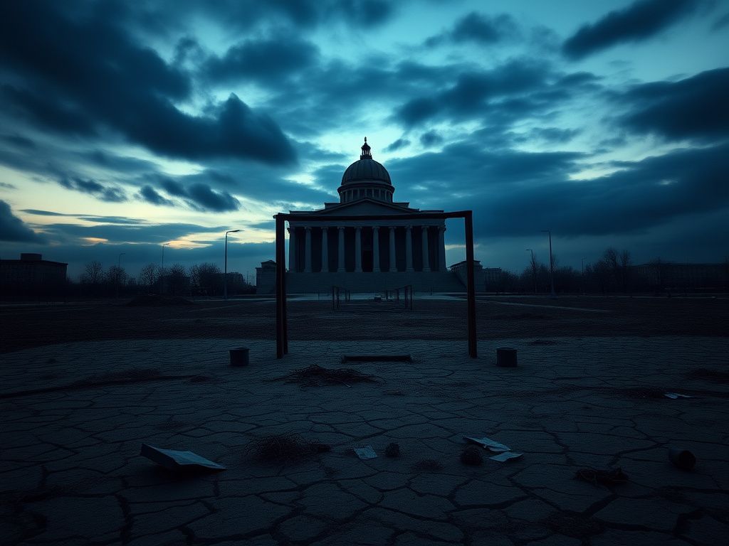 Flick International Empty gallows and Iranian judiciary building silhouetted against a dark blue and gray sky.