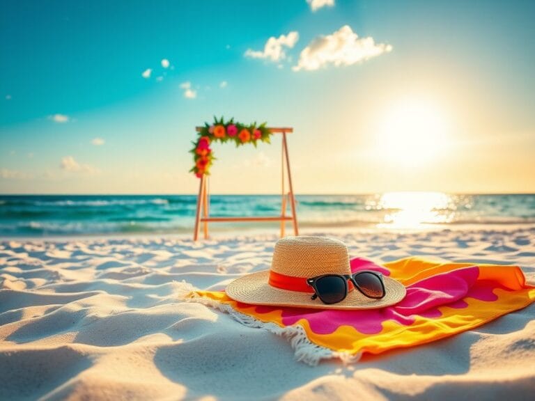 Flick International Serene beach scene with colorful towels and stylish accessories