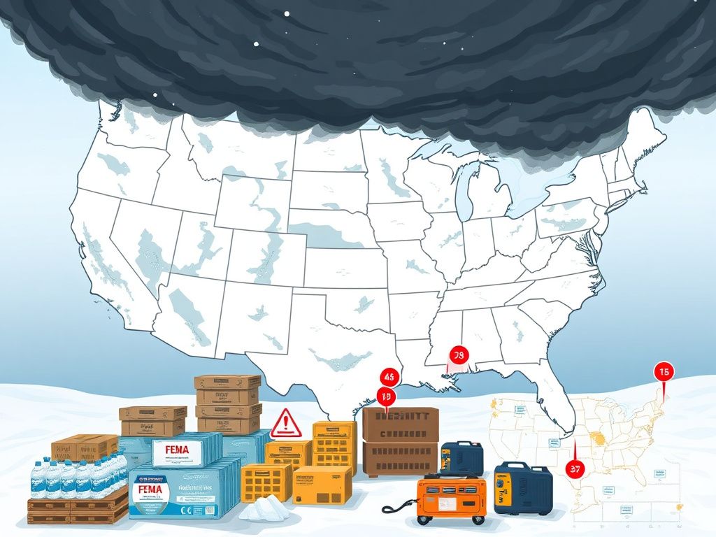 Flick International Illustrative map of a massive winter storm impacting over 30 U.S. states, with emergency resources depicted.