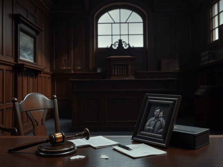 Flick International Dimly lit courtroom in Ohio with empty defendant's chair and ornate judge's bench