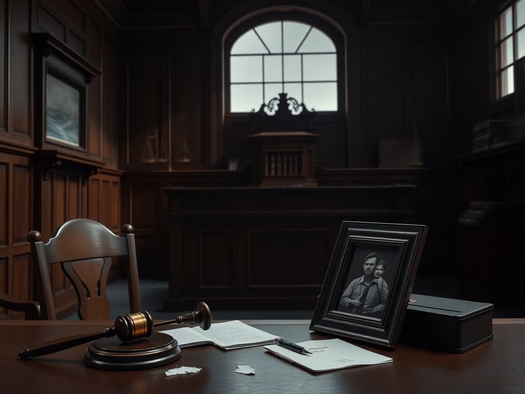 Flick International Dimly lit courtroom in Ohio with empty defendant's chair and ornate judge's bench
