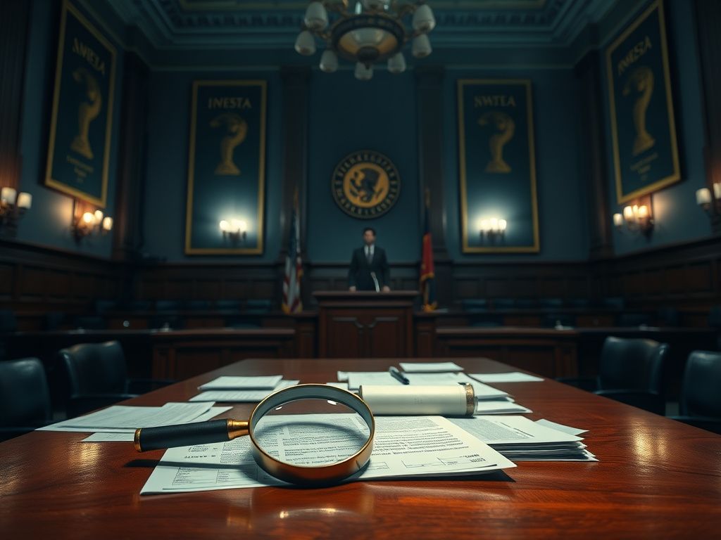 Flick International Dimly lit legislative chamber with banners representing Minnesota and official documents indicating a government investigation
