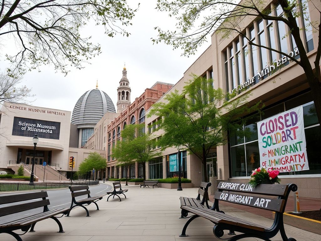 Flick International Exterior view of Twin Cities museums with signs reading 'Closed in Solidarity' supporting immigrant communities