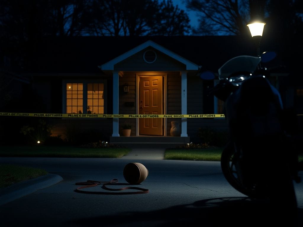 Flick International Dimly lit suburban street with a modest home and motorcycle silhouette, indicating gang violence