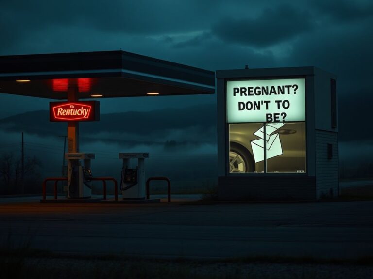 Flick International Dark rural gas station in Kentucky at dusk with advertisement for abortion pills