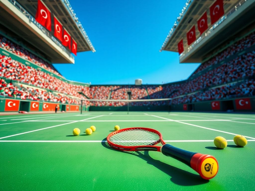 Flick International Tennis court scene after Australian Open match with scattered tennis balls and a lone racket